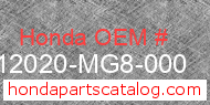 Honda 12020-MG8-000 genuine part number image