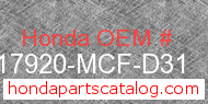 Honda 17920-MCF-D31 genuine part number image