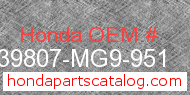 Honda 39807-MG9-951 genuine part number image