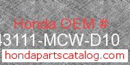 Honda 43111-MCW-D10 genuine part number image