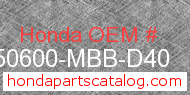 Honda 50600-MBB-D40 genuine part number image