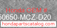 Honda 50650-MCZ-D20 genuine part number image