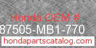 Honda 87505-MB1-770 genuine part number image