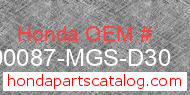 Honda 90087-MGS-D30 genuine part number image